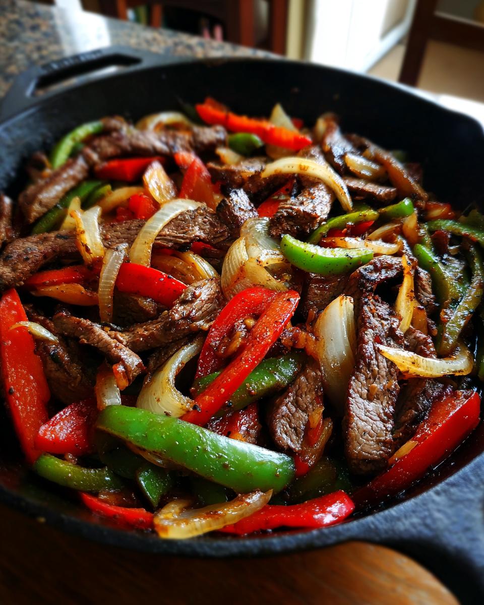 Close-up of sizzling steak fajita strips mixed with colorful sautéed red, green peppers, and onions in a black skillet.