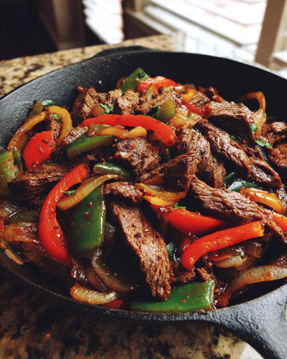Close-up of sizzling steak fajita strips mixed with colorful peppers and onions in a black cast iron skillet.