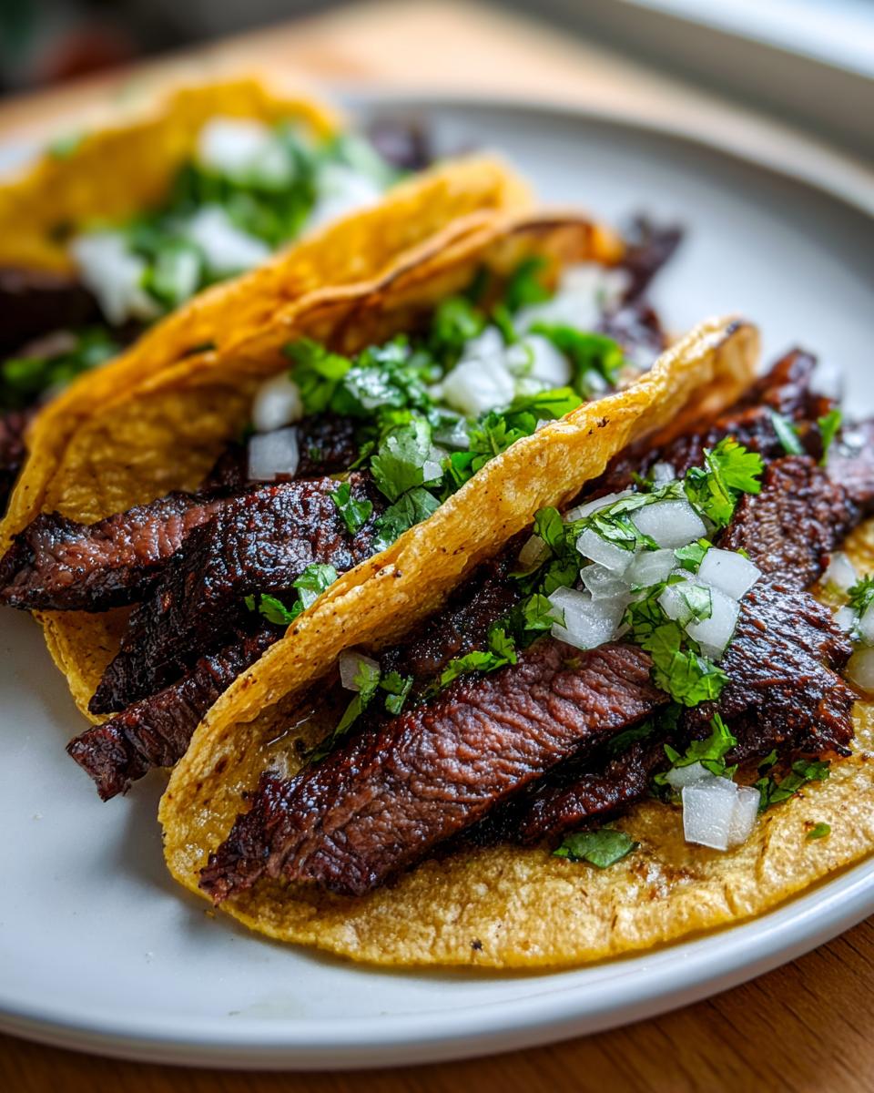 Close-up of three street-style steak tacos filled with grilled, sliced steak, diced white onion, and fresh cilantro.