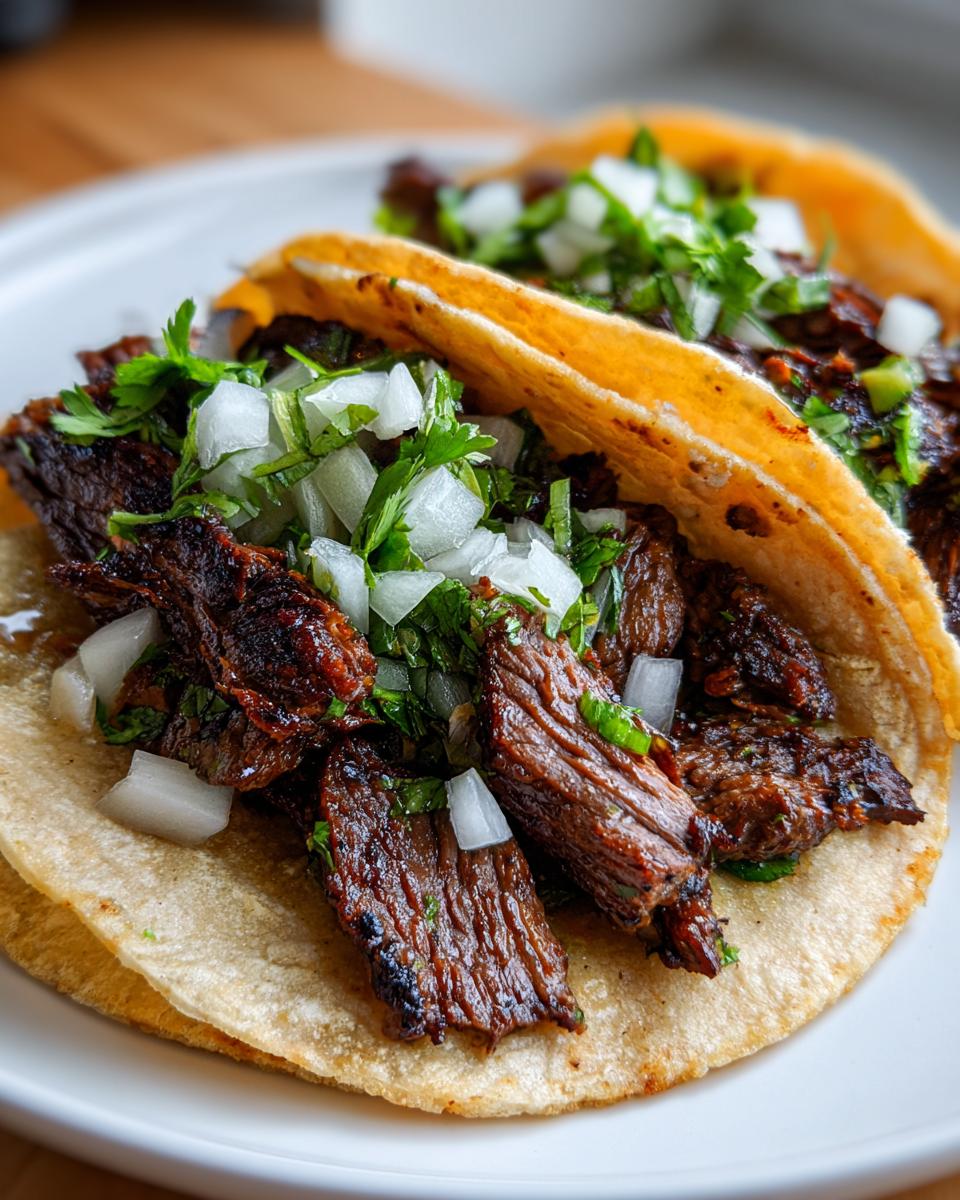 Close-up view of two delicious steak tacos filled with grilled steak, diced white onion, and fresh cilantro.