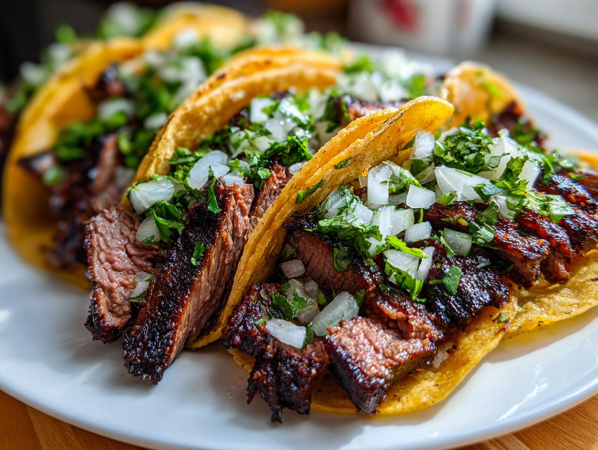 Close-up of three corn tortilla steak tacos filled with sliced, charred steak, topped with fresh diced white onion and cilantro.