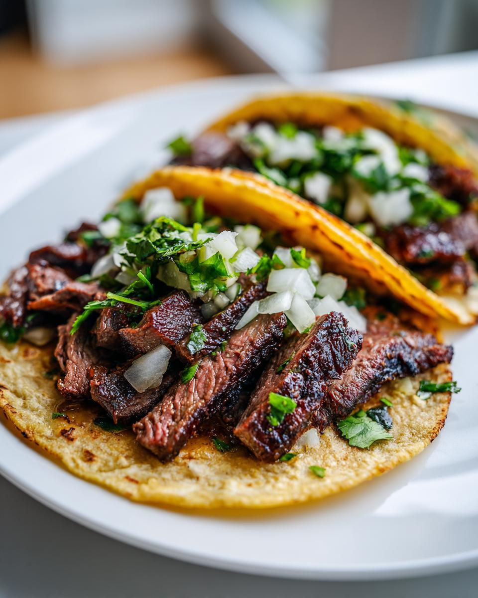 Close-up of grilled, sliced steak tacos topped with diced white onion and cilantro.