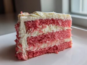Close-up of a moist, three-layer slice of pink strawberry cake with thick white frosting between layers.