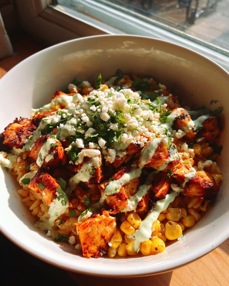 Close-up of a street corn chicken rice bowl topped with cotija cheese, cilantro, and a creamy green sauce.