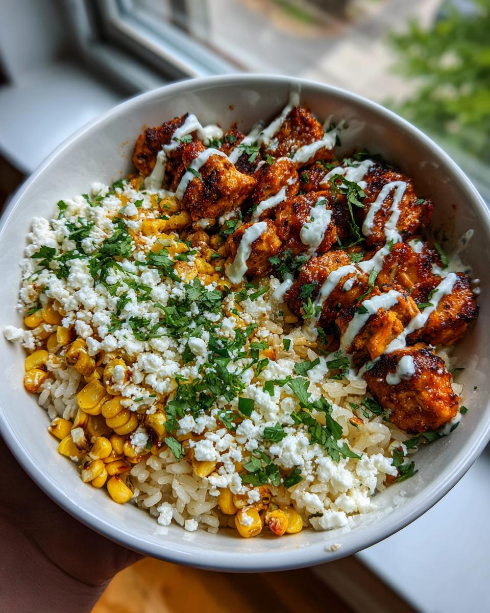 A vibrant street corn chicken rice bowl featuring seasoned chicken, corn, crumbled cheese, and a white sauce drizzle.