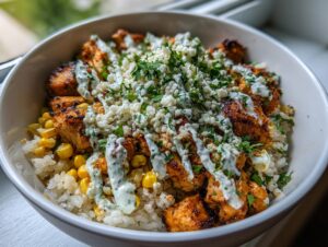 A close-up of a street corn chicken rice bowl topped with cotija cheese, cilantro, and creamy sauce.