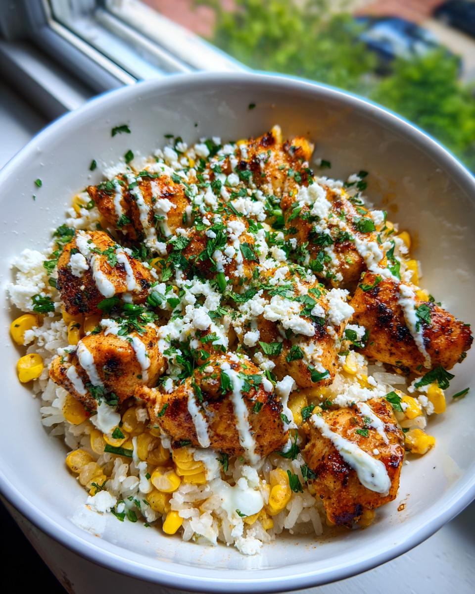 A close-up of a street corn chicken rice bowl featuring seasoned chicken pieces, corn, cotija cheese, and a creamy drizzle.