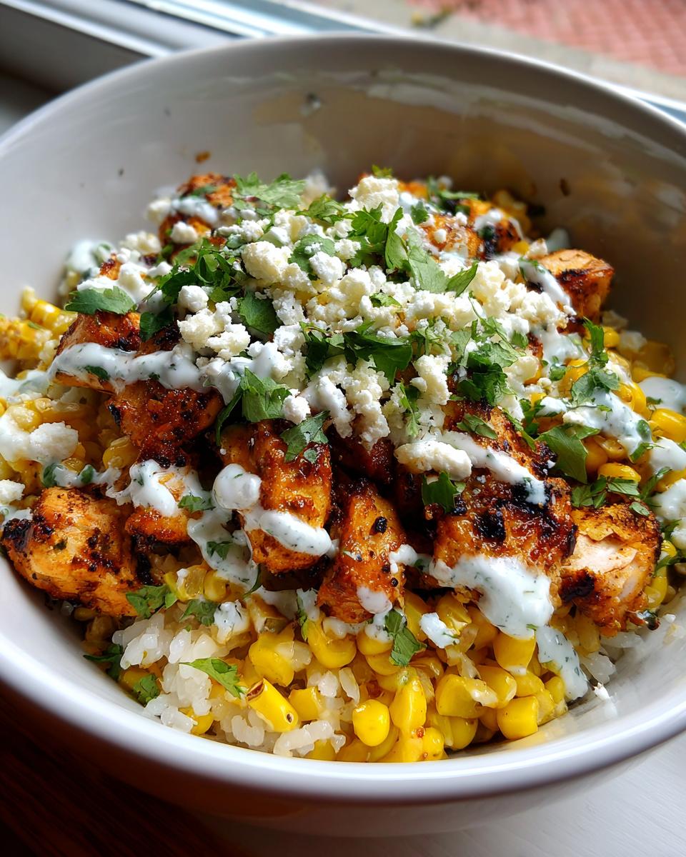 Close-up of a vibrant street corn chicken rice bowl topped with crumbled white cheese and cilantro.