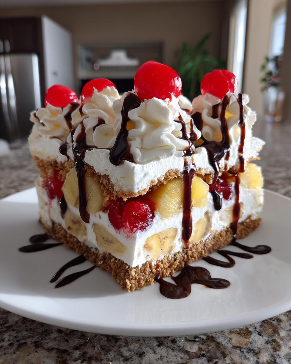 A decadent slice of banana split cake featuring layers of fruit, cream, and a graham cracker crust, topped with whipped cream and cherries.