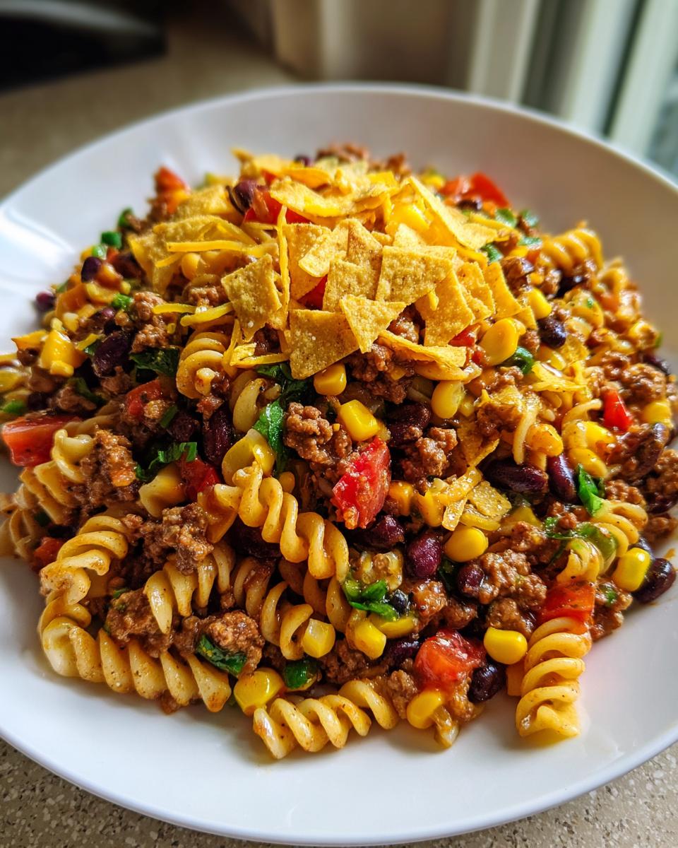 A close-up of a serving of amazing taco pasta salad featuring rotini pasta, ground beef, beans, corn, and crushed tortilla chips.