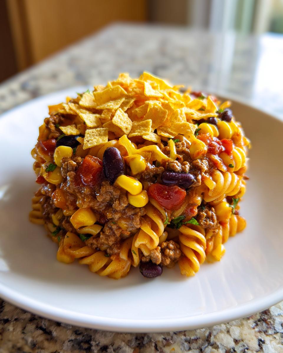 A molded serving of taco pasta salad featuring ground beef, corn, beans, and topped with crushed tortilla chips.