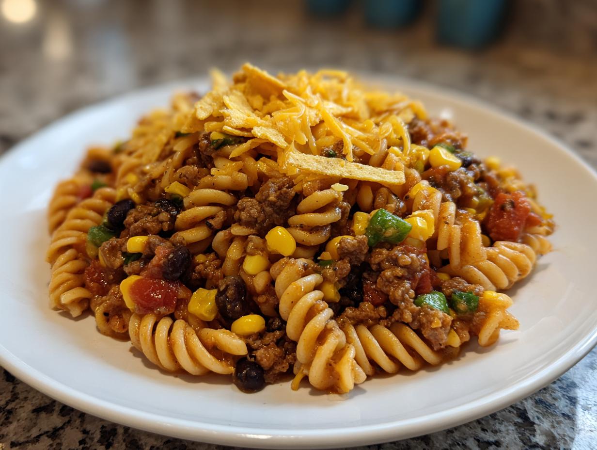 A close-up of a serving of taco pasta salad featuring rotini pasta, ground beef, corn, black beans, and topped with cheese and crushed tortilla chips.