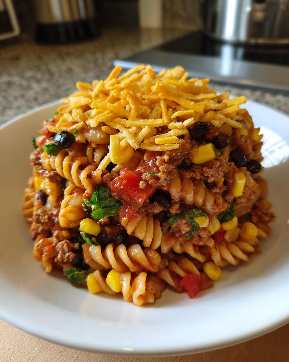 A mound of taco pasta salad featuring rotini pasta, ground meat, corn, and black beans, topped with crispy tortilla strips.