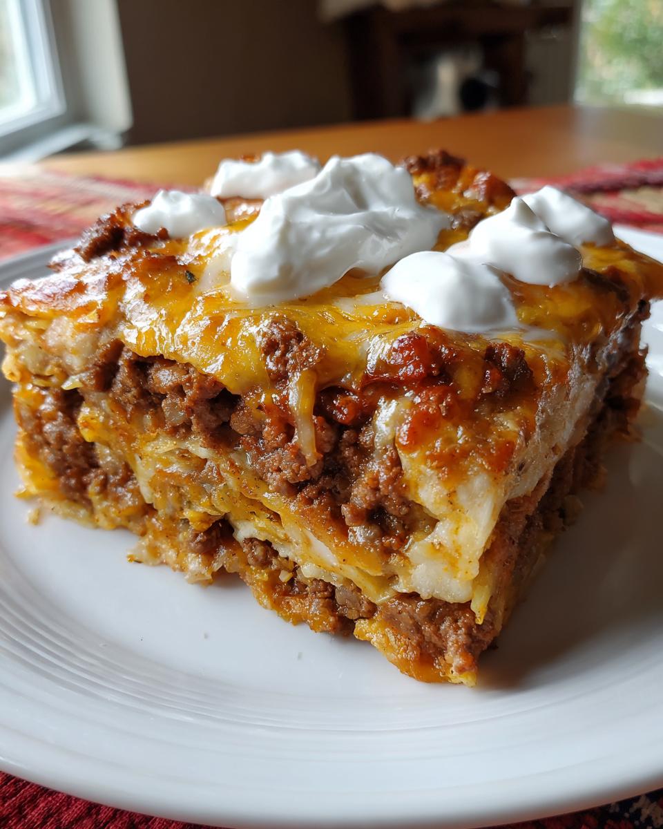A thick, layered slice of taco pie topped with melted cheese and dollops of sour cream on a white plate.
