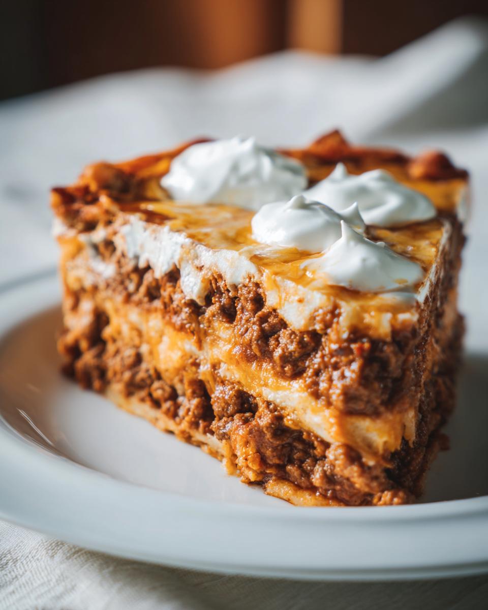 A thick, layered slice of taco pie topped with dollops of sour cream, served on a white plate.