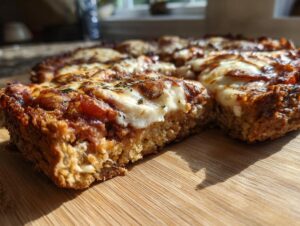 Close-up of a thick slice of baked cottage cheese pizza crust topped with melted cheese and sauce.
