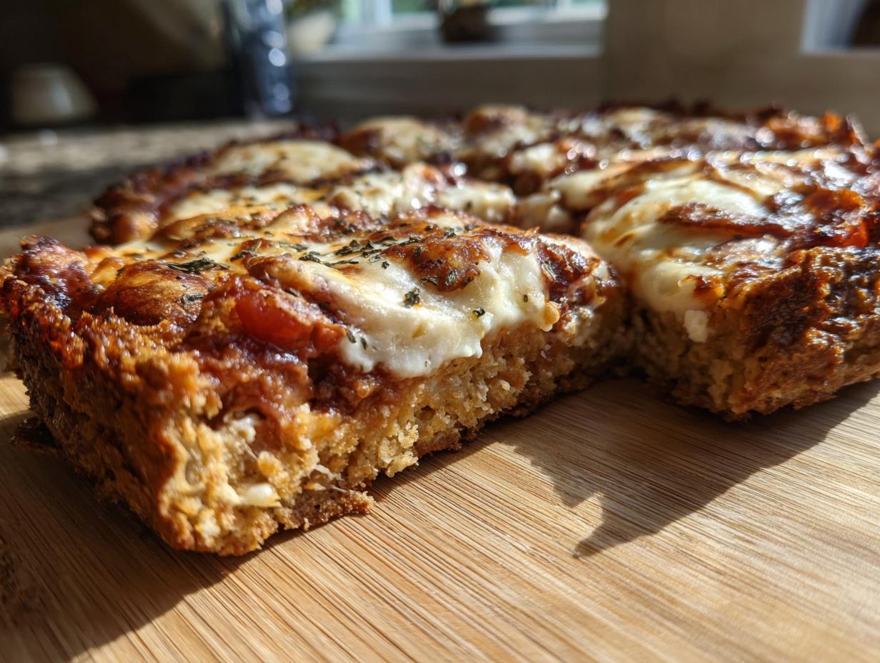 Close-up of a thick slice of baked cottage cheese pizza crust topped with melted cheese and sauce.