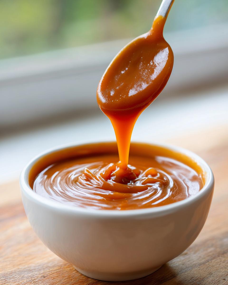 A spoonful of thick, glossy date caramel sauce is dripping back into a white bowl, showing its rich texture.
