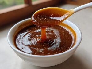 A white spoon lifts thick, glossy date caramel sauce from a small white bowl, showing its rich color.