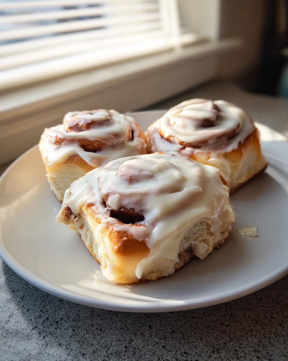 Three freshly baked cinnamon rolls generously topped with white cream cheese icing, sitting on a white plate near a sunlit window.