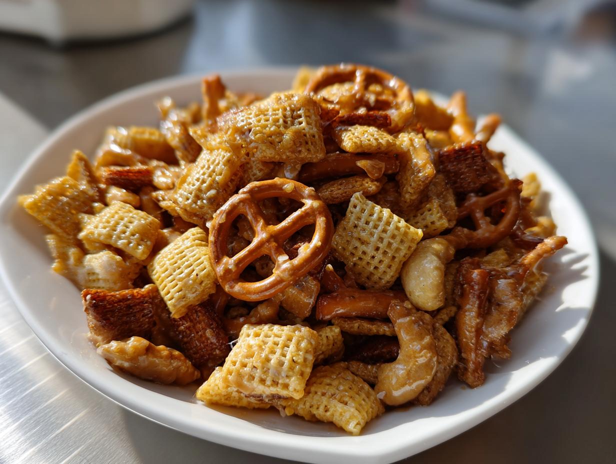 A white bowl filled with glistening, homemade toffee chex mix recipe featuring Chex cereal, pretzels, and nuts.