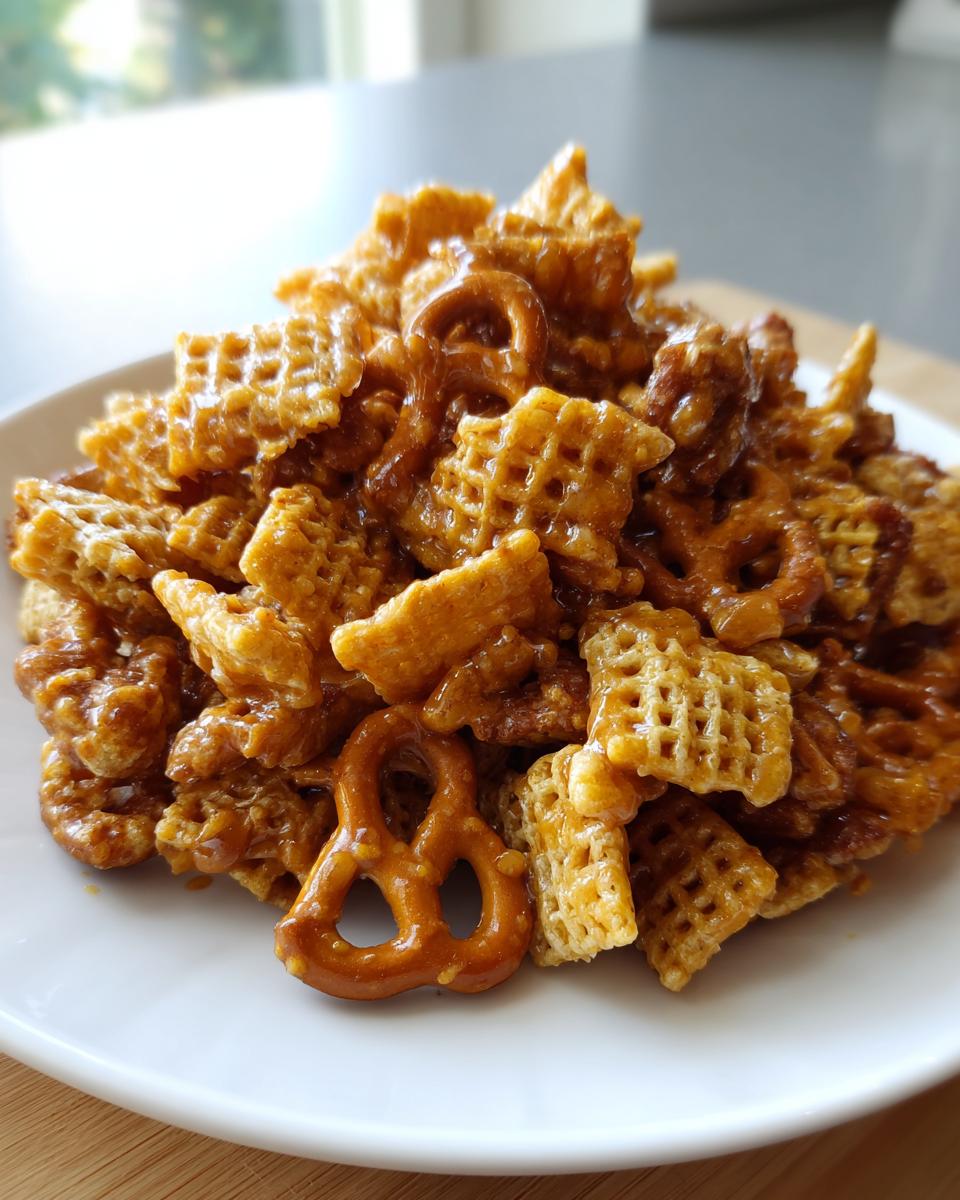 A close-up mound of sweet, glazed toffee chex mix recipe featuring waffle-shaped cereal pieces and pretzels.