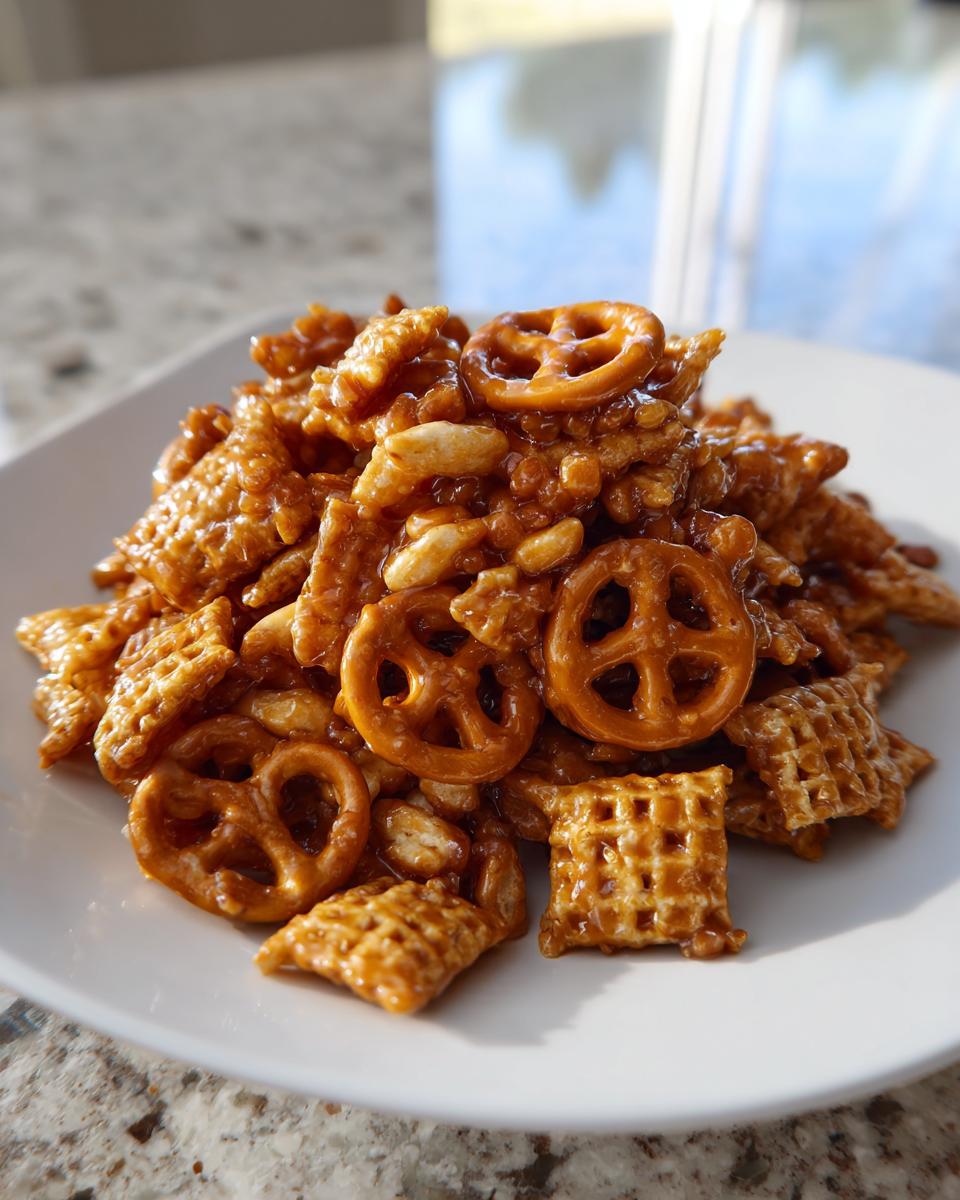 A pile of sweet, glazed toffee chex mix recipe featuring pretzels, Chex cereal, and peanuts on a white plate.