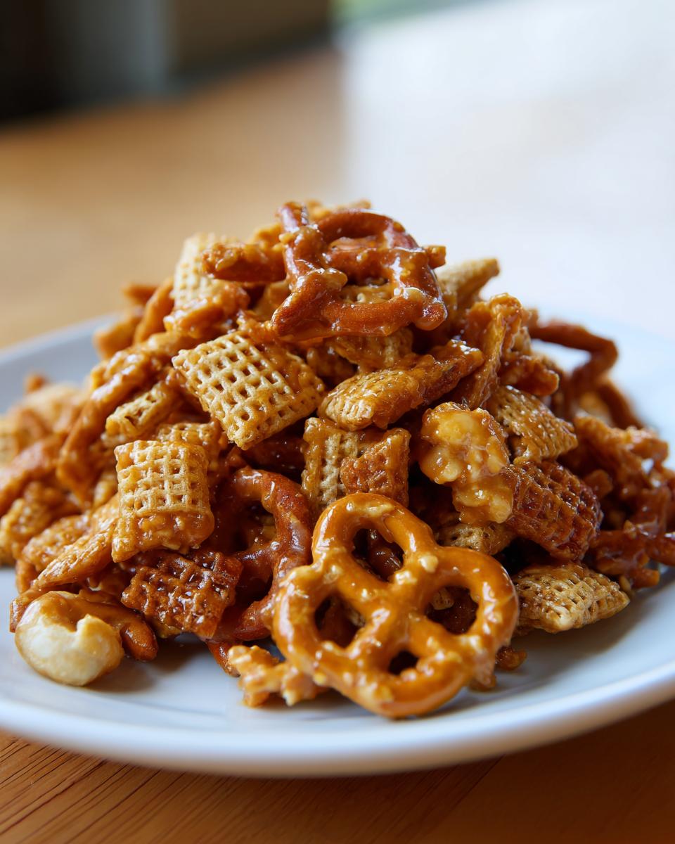 A mound of shiny, caramel-coated toffee chex mix featuring pretzels, Chex cereal, and nuts on a white plate.