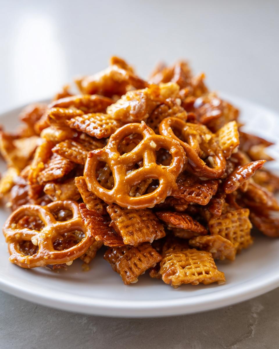 A close-up of a pile of shiny, glazed toffee chex mix recipe featuring pretzels and square cereal pieces.