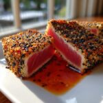 Two thick slices of seared tuna tataki, crusted with black and white sesame seeds, resting in savory sauce.