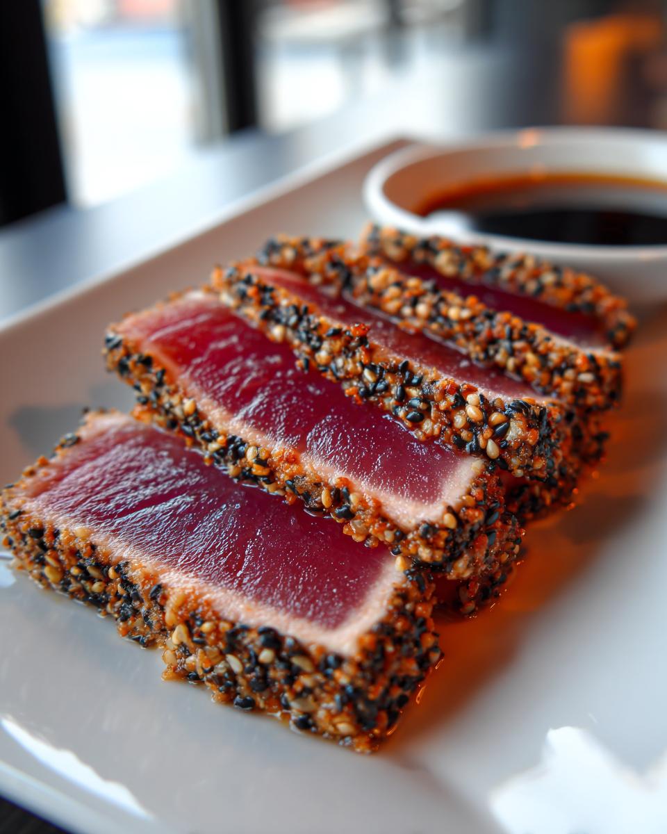 Four slices of sesame-crusted tuna tataki, showing a rare, deep red center, served with a side of dipping sauce.