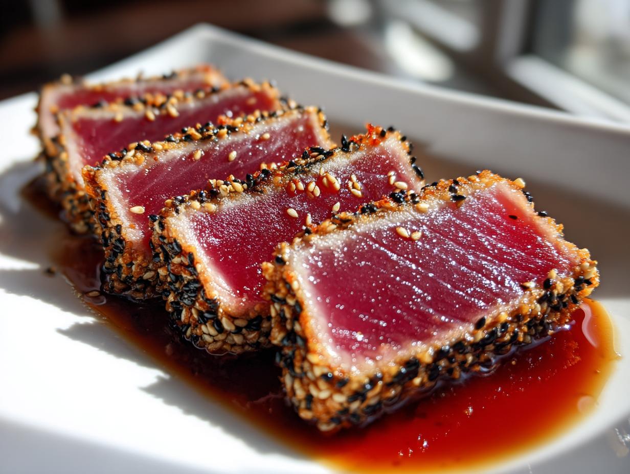 Four slices of seared tuna tataki, crusted with black and white sesame seeds, resting in soy sauce.