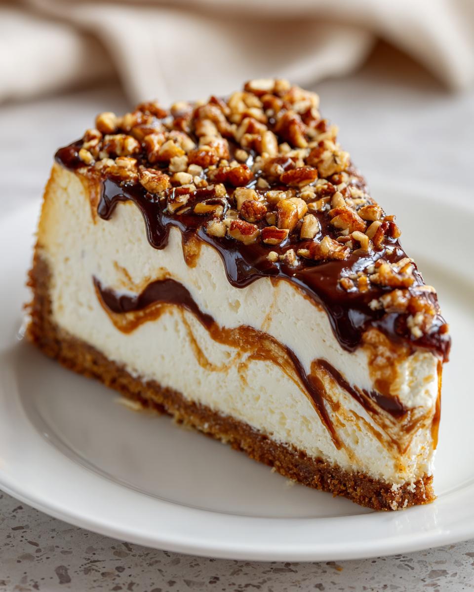 A perfect slice of turtle cheesecake featuring a graham cracker crust, creamy filling swirled with caramel, chocolate drizzle, and pecans.