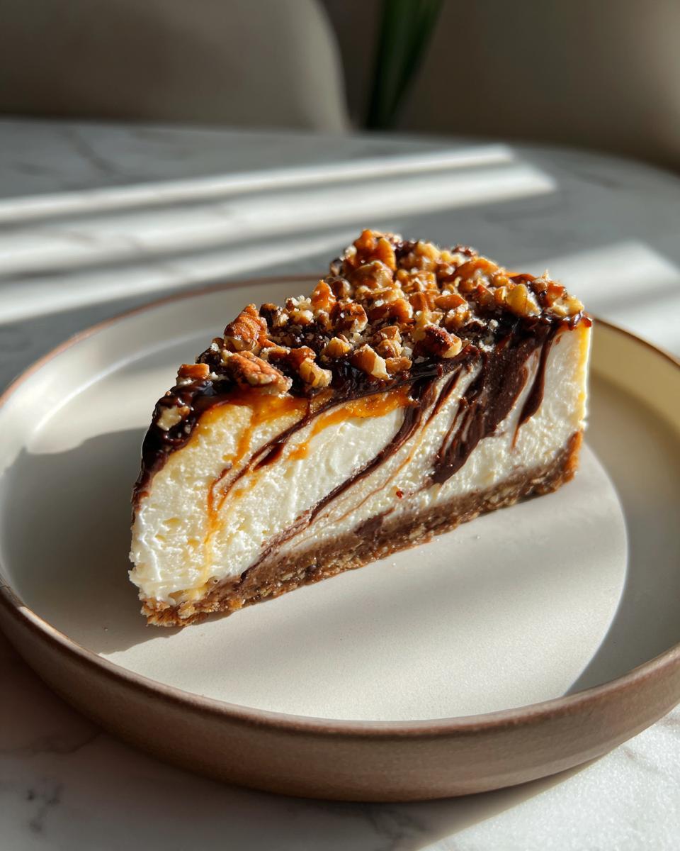 A perfect slice of turtle cheesecake with chocolate, caramel swirl, and pecans on top, sitting on a plate.