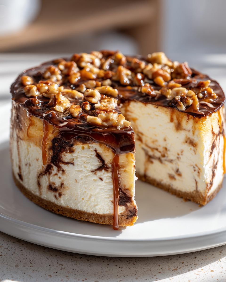 A whole turtle cheesecake with a slice removed, drizzled with chocolate and caramel and topped with pecans.