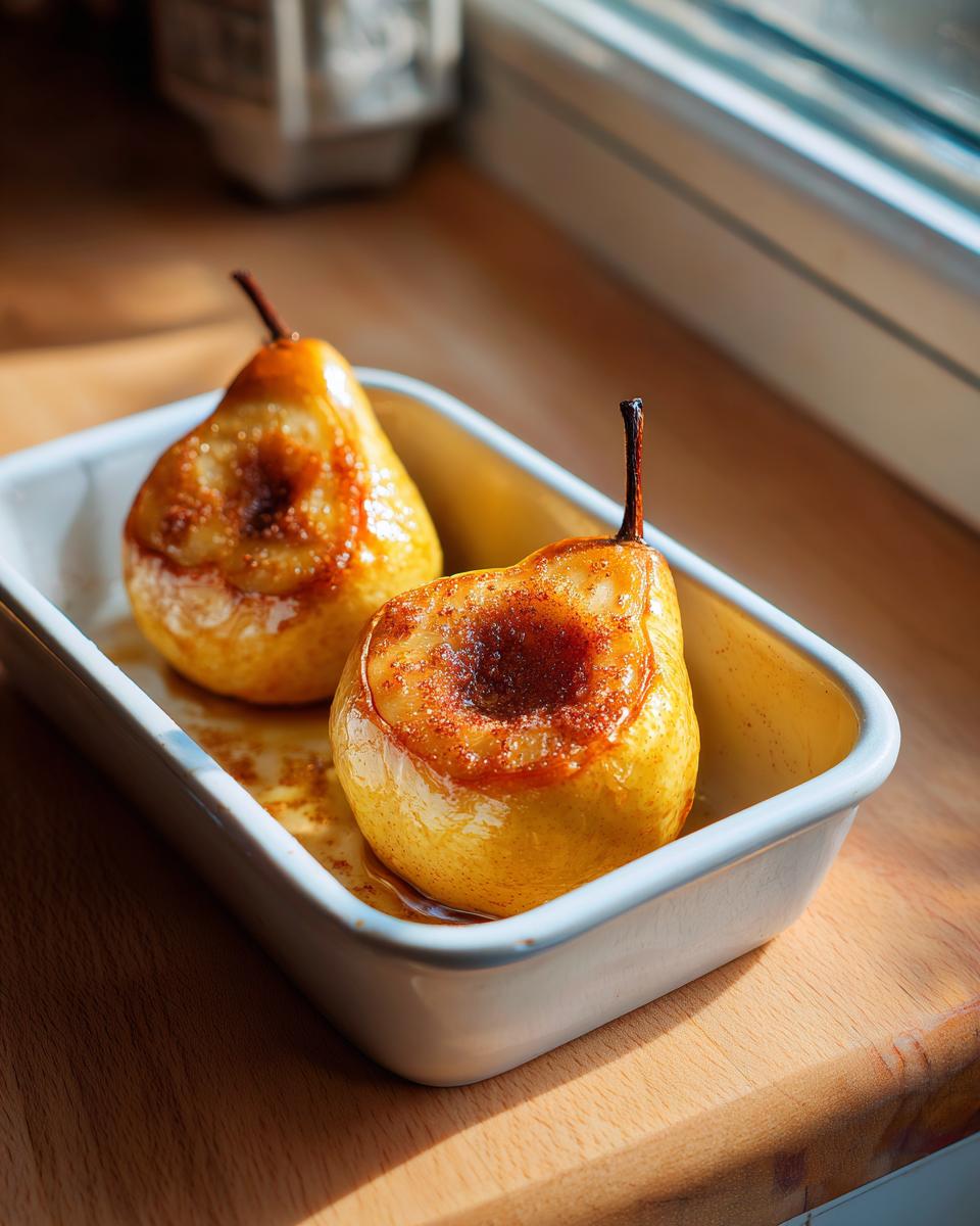 Two perfectly baked pears glistening with caramelized sugar and cinnamon in a white dish.