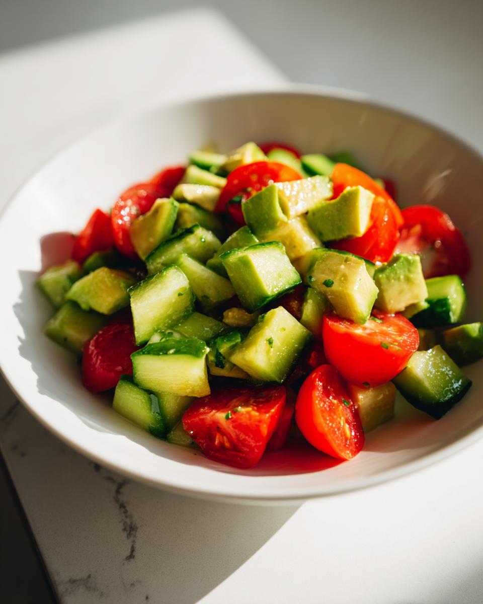 Close-up of a fresh avocado salad featuring diced avocado, bright red tomatoes, and green cucumber chunks.