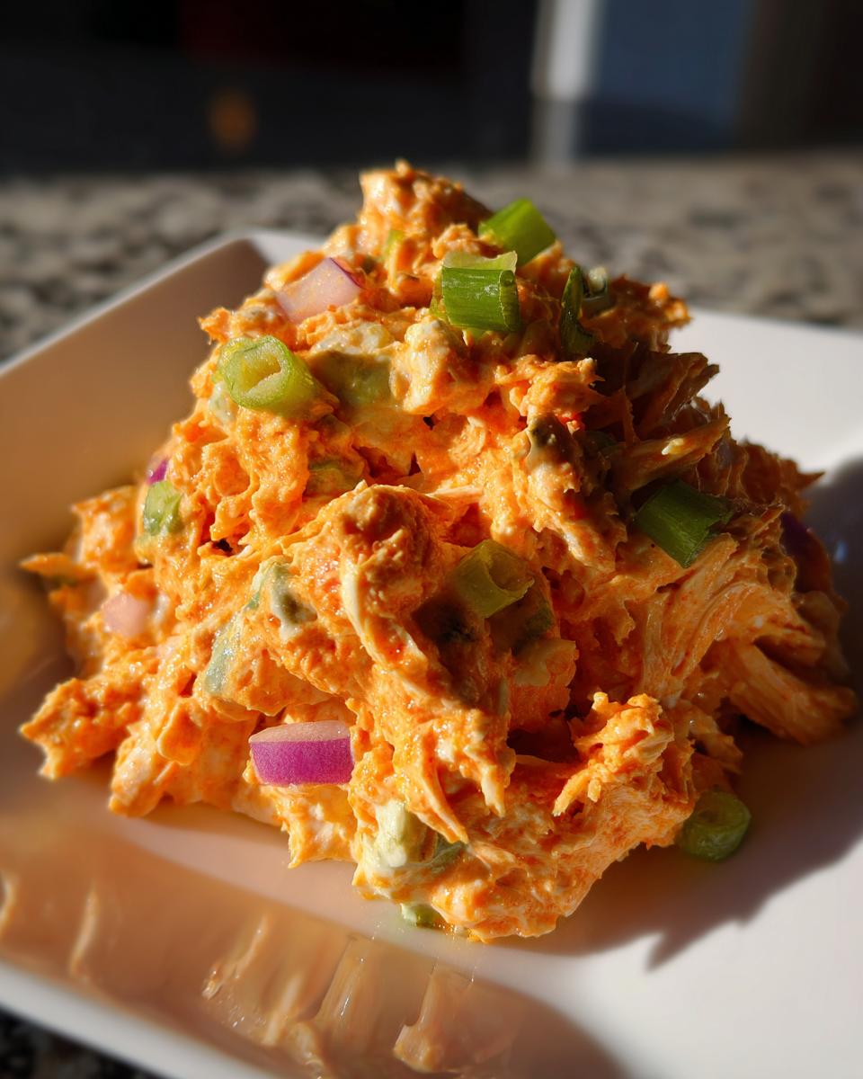 A close-up of bright orange buffalo chicken salad mixed with shredded chicken, topped with chopped red onion and green onions.