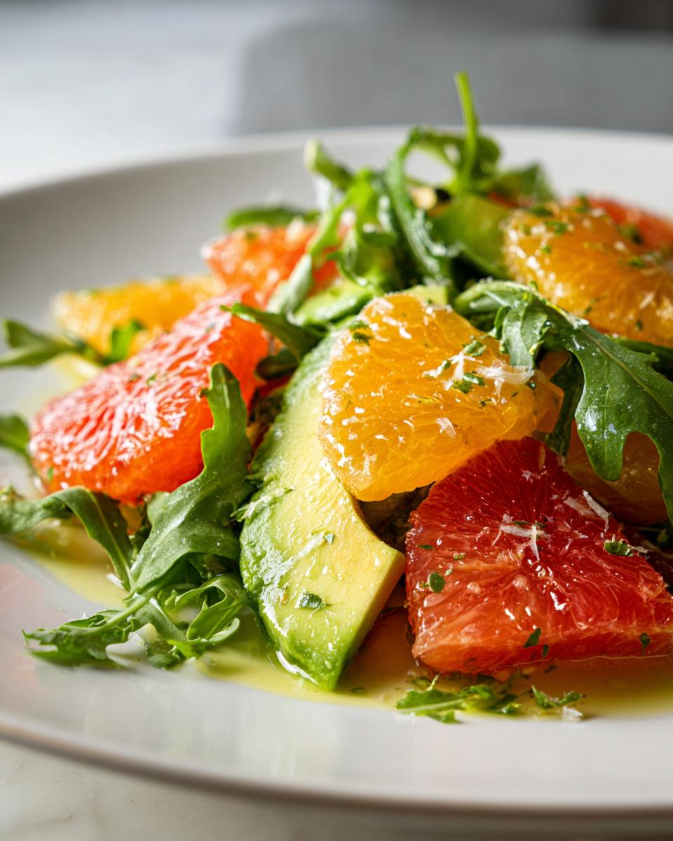 Close-up of a bright citrus salad featuring orange and grapefruit segments, avocado slices, and arugula.