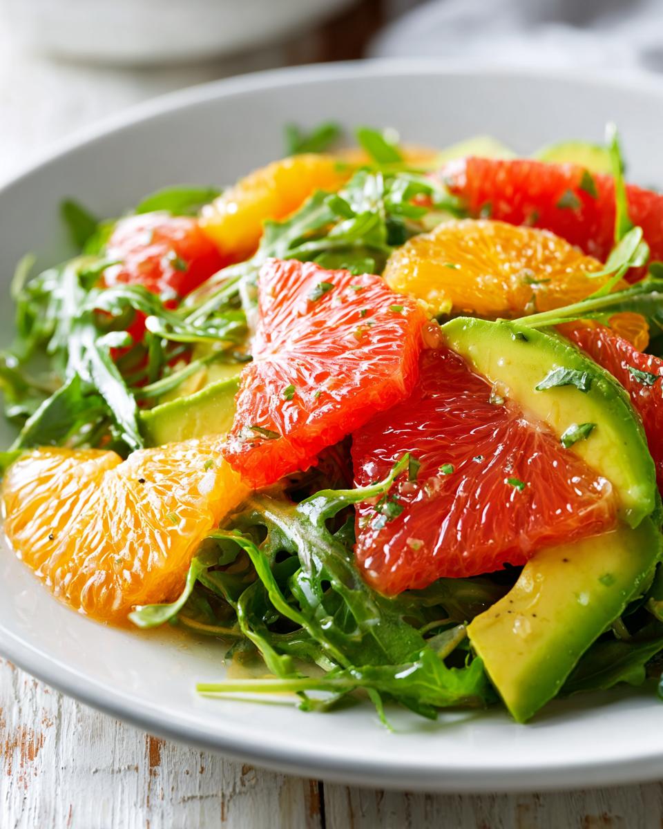 Close-up of a vibrant citrus salad featuring grapefruit, orange segments, avocado slices, and arugula.