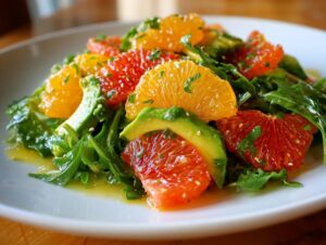 Close-up of a vibrant citrus salad featuring slices of orange, grapefruit, avocado, and arugula tossed in a light dressing.