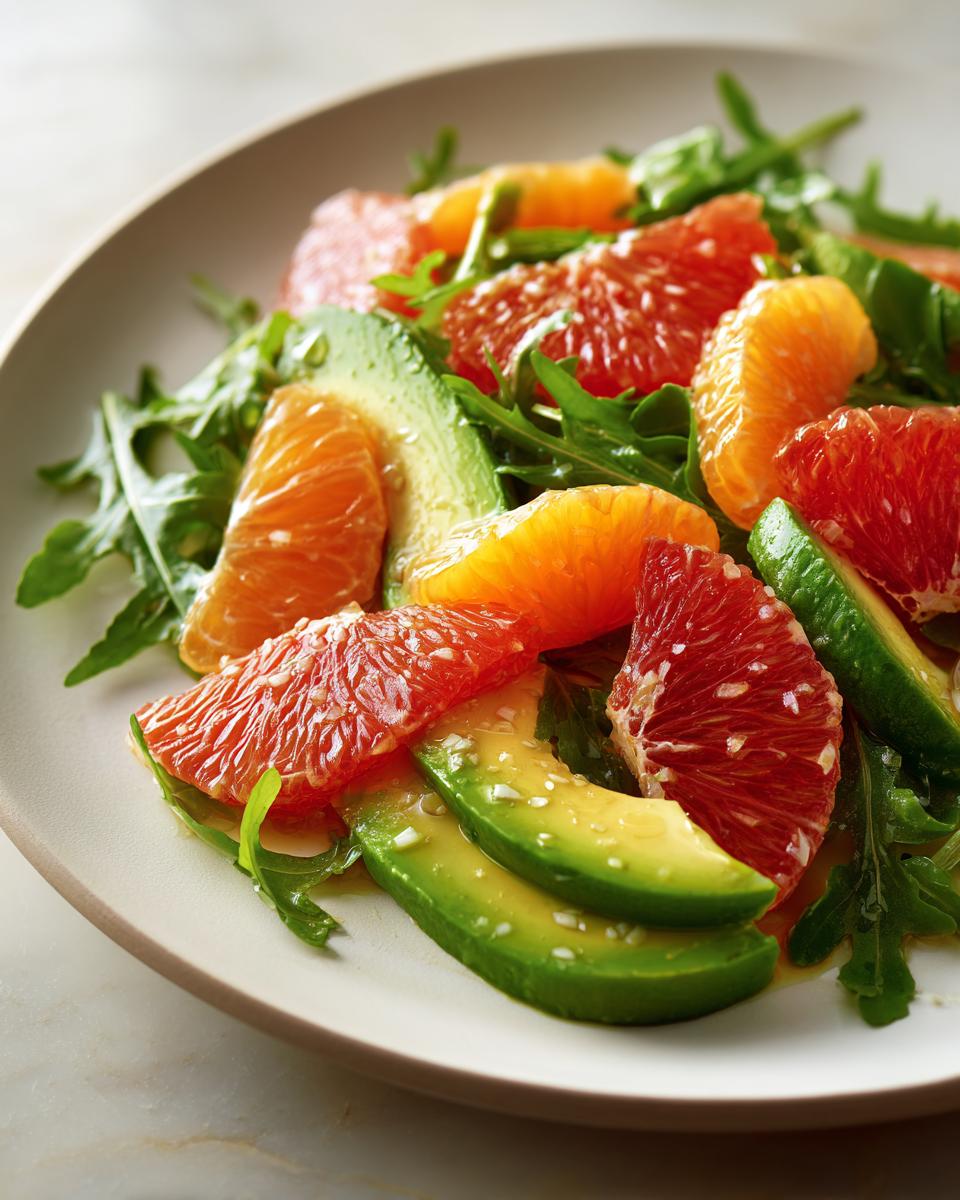 Close-up of a vibrant citrus salad featuring segments of grapefruit, oranges, avocado slices, and arugula greens.