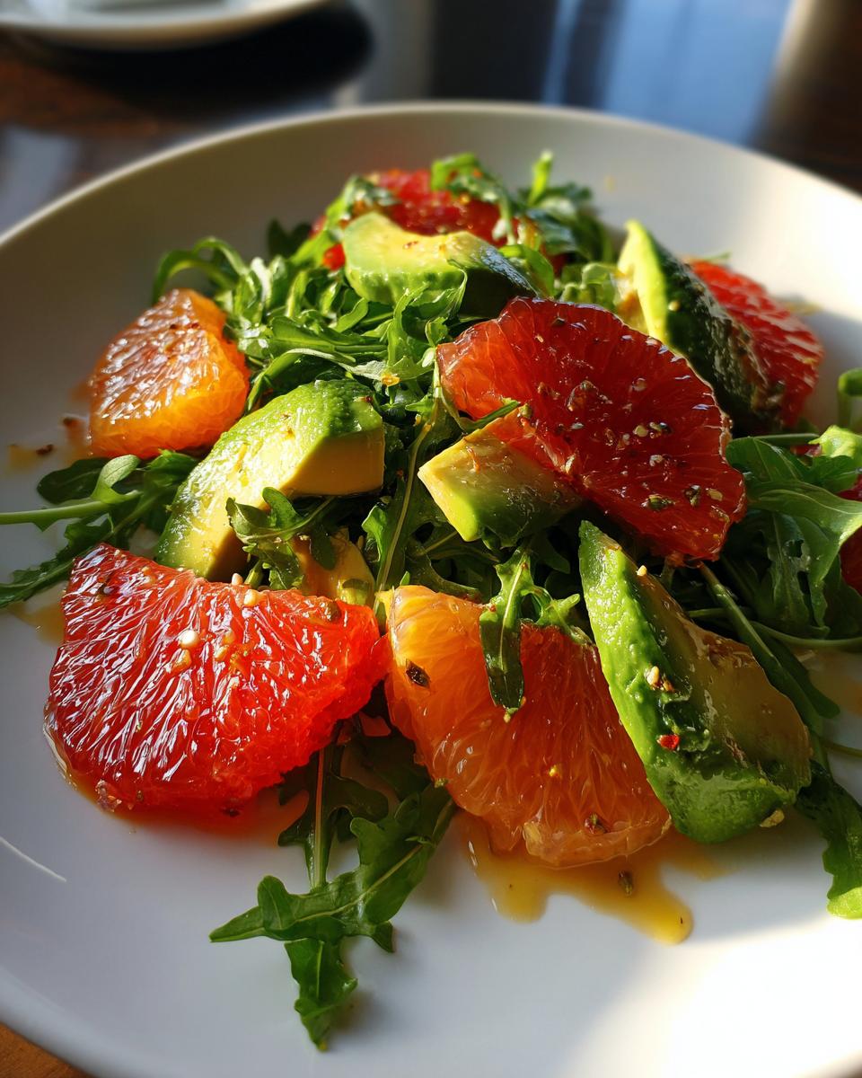 Close-up of a vibrant citrus salad featuring grapefruit, orange segments, avocado chunks, and arugula greens.