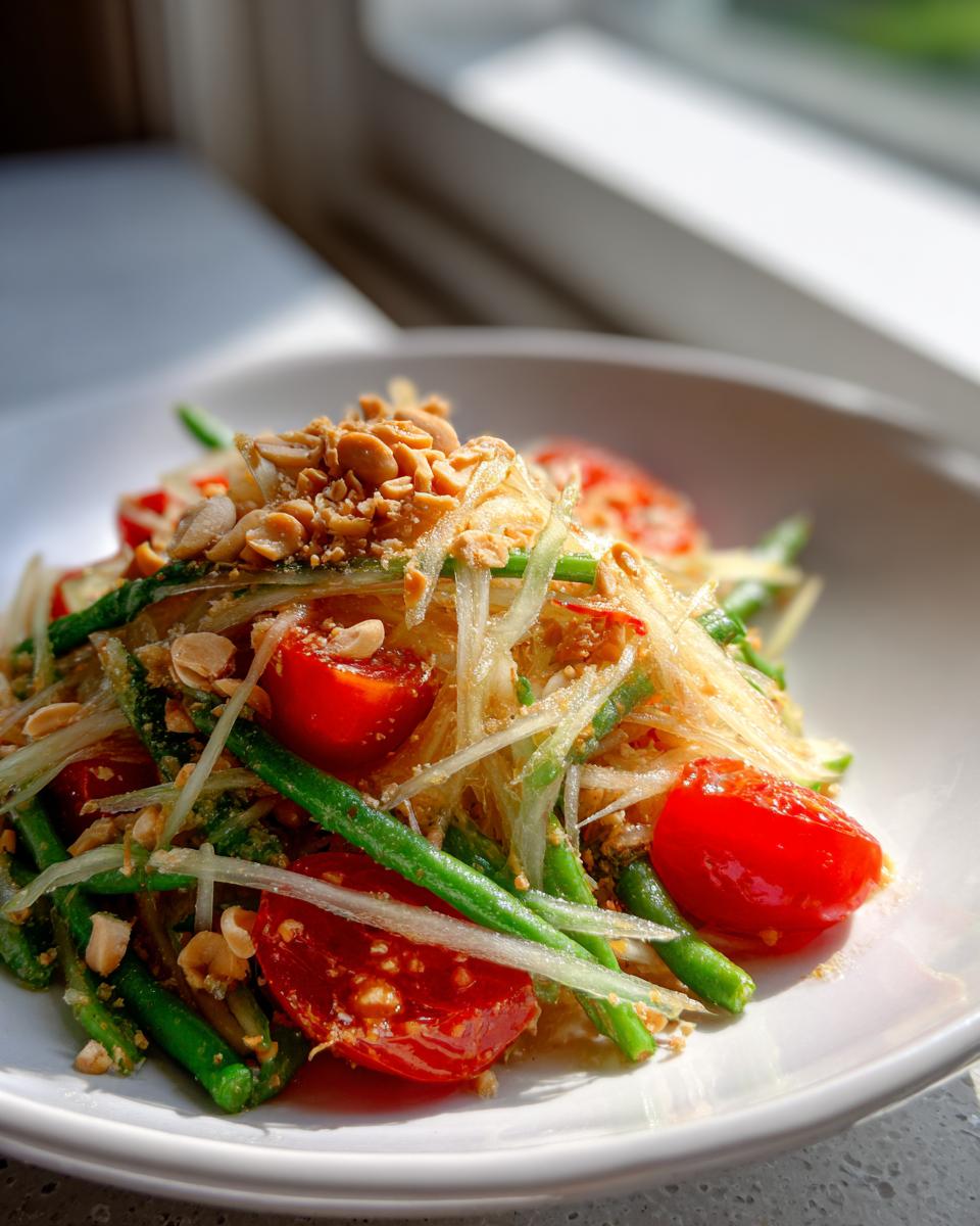 A close-up of vibrant papaya salad featuring shredded green papaya, cherry tomatoes, green beans, and topped with crushed peanuts.