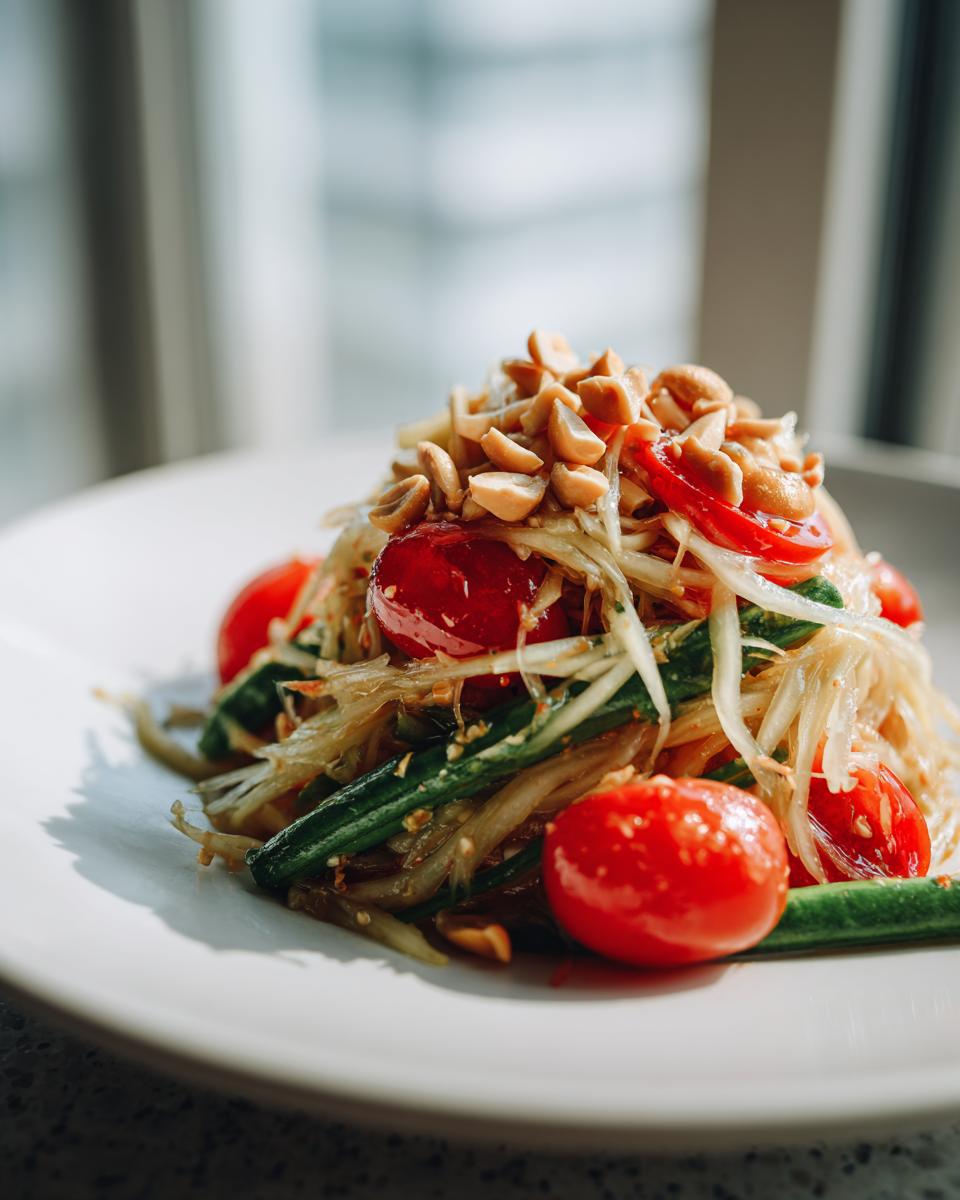 Close-up of fresh papaya salad topped with roasted peanuts, cherry tomatoes, and green beans.
