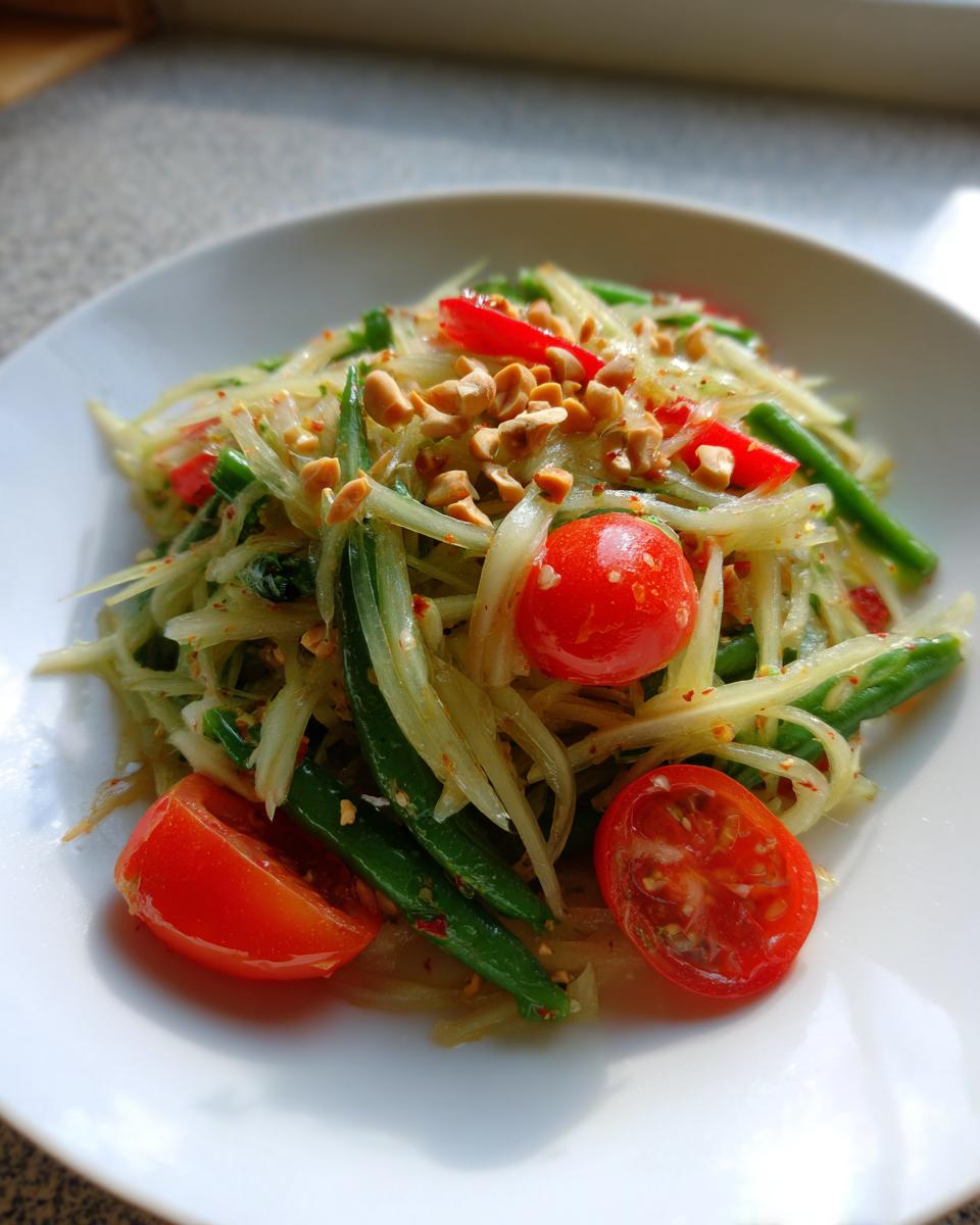A vibrant serving of fresh papaya salad topped with crushed peanuts, cherry tomatoes, and green beans.