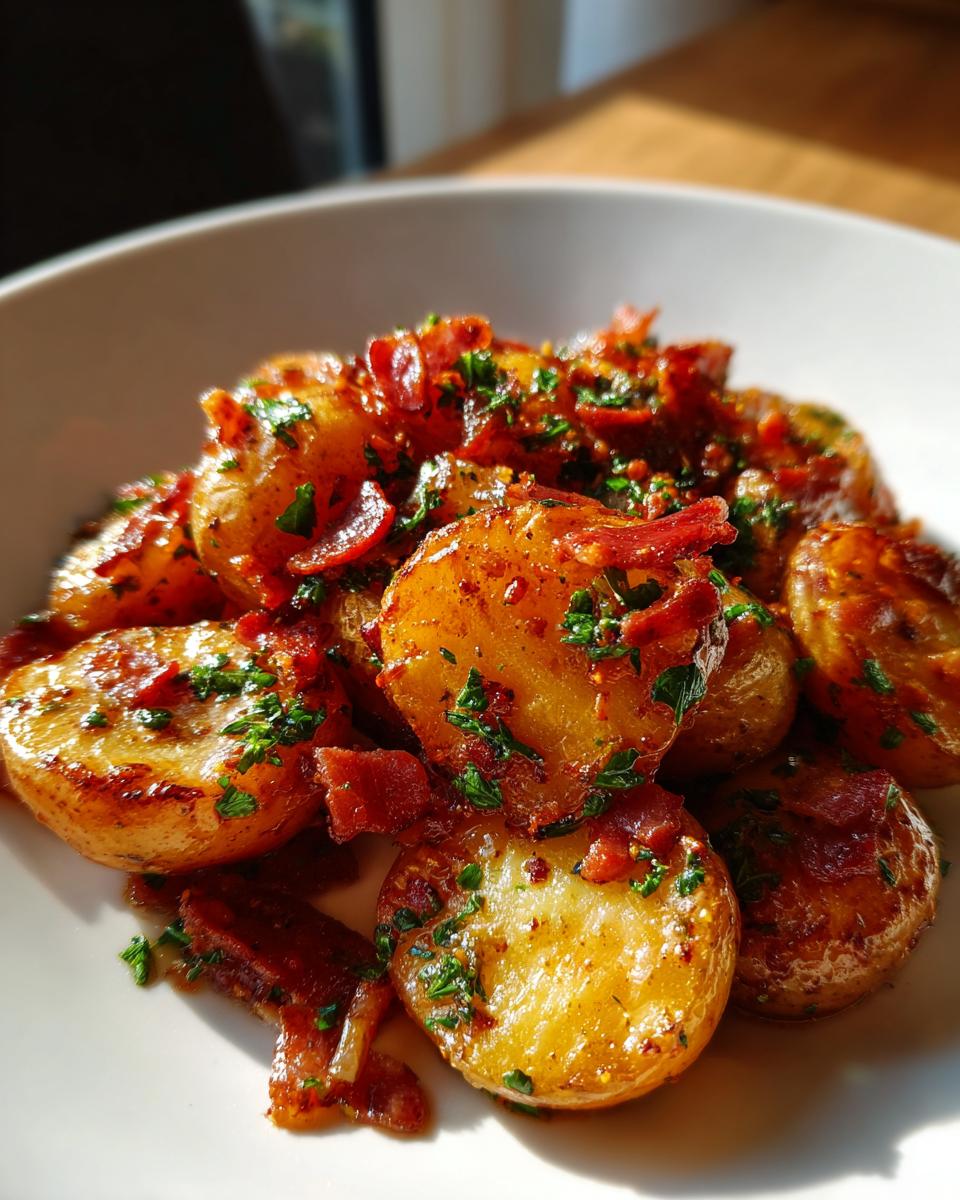Close-up of warm german potato salad featuring sliced potatoes tossed with crispy bacon bits and fresh parsley.