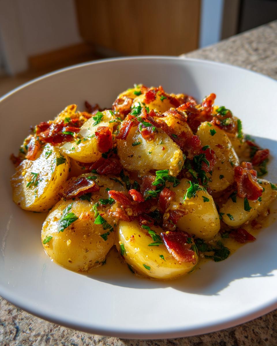 Close-up of warm german potato salad featuring sliced yellow potatoes, crispy bacon bits, and fresh parsley.