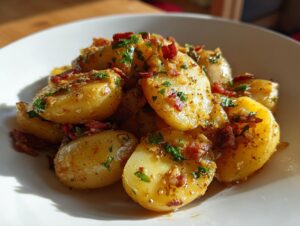Close-up of warm german potato salad featuring boiled potatoes tossed in a vinaigrette with bacon bits and fresh parsley.