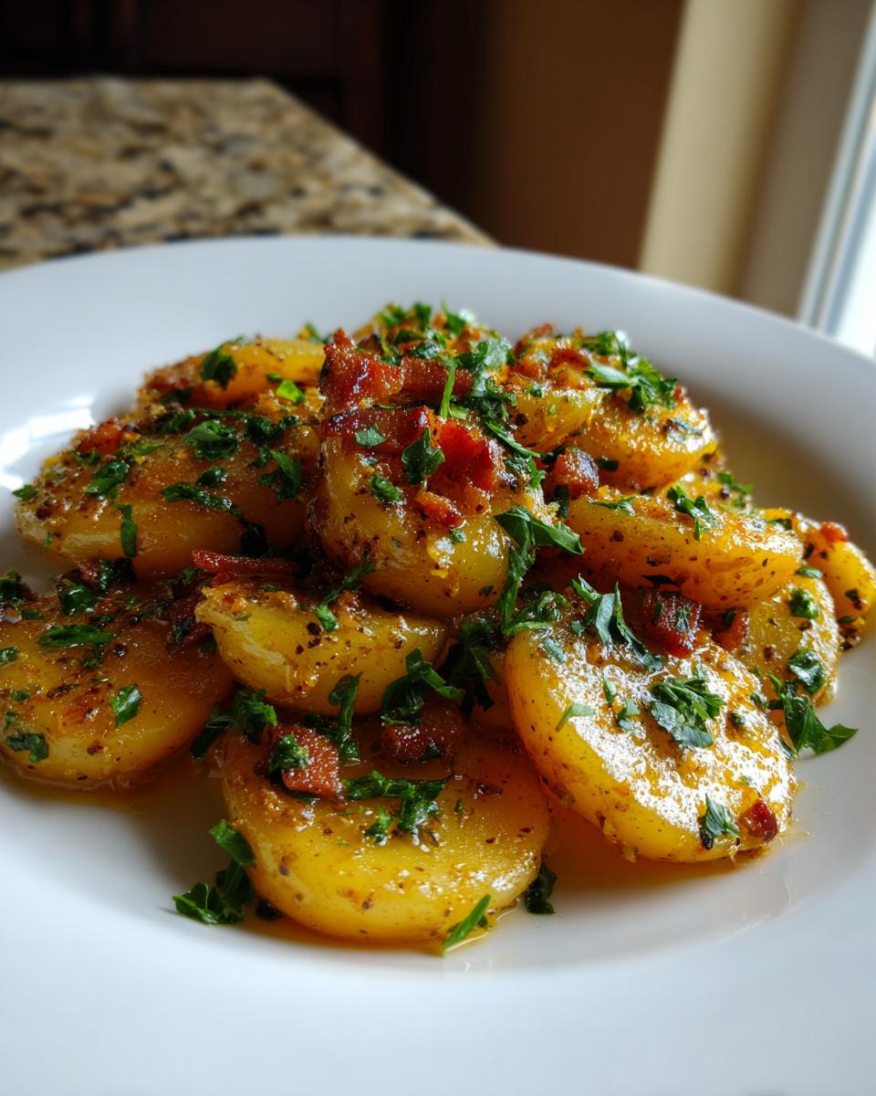 Close-up of warm german potato salad slices tossed in a vinaigrette, topped with bacon bits and fresh parsley.